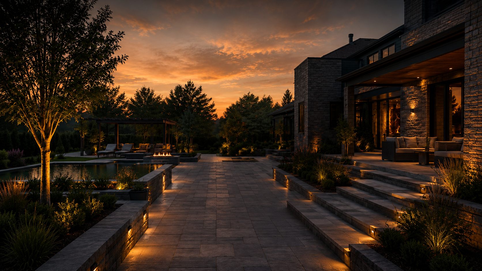 Piscine et terrasse en pierre éclairées au coucher du soleil